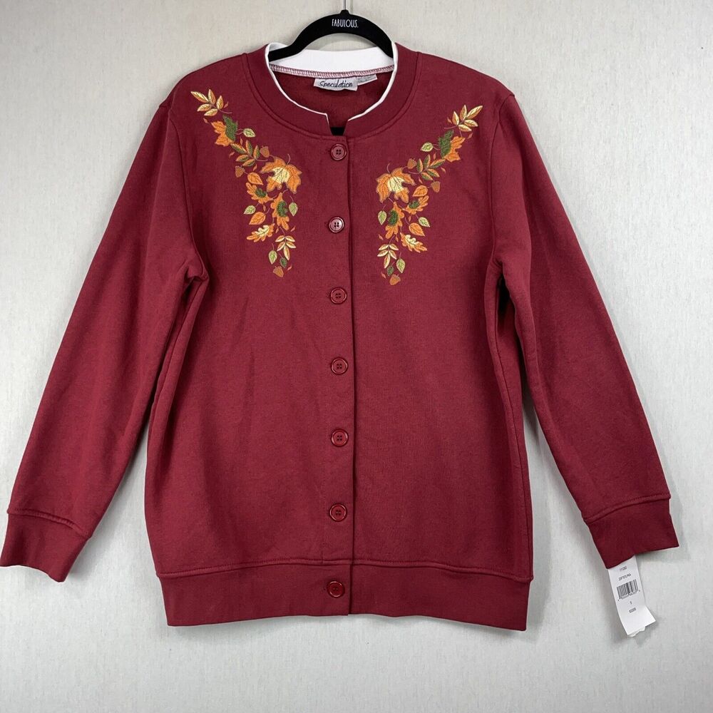 Vintage Speculation Cardigan Sweater Small Burgundy Fall Autumn Leaves Grandma